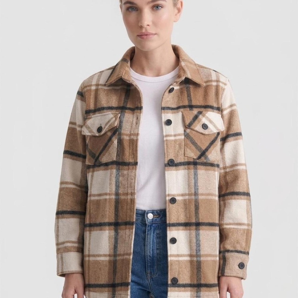 Thread & Supply Tan and Cream Plaid Button-Front Shacket